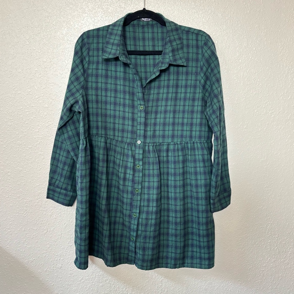 Nasty Gal Navy Blue & Green Plaid Button Down Tunic Shirt Size 10